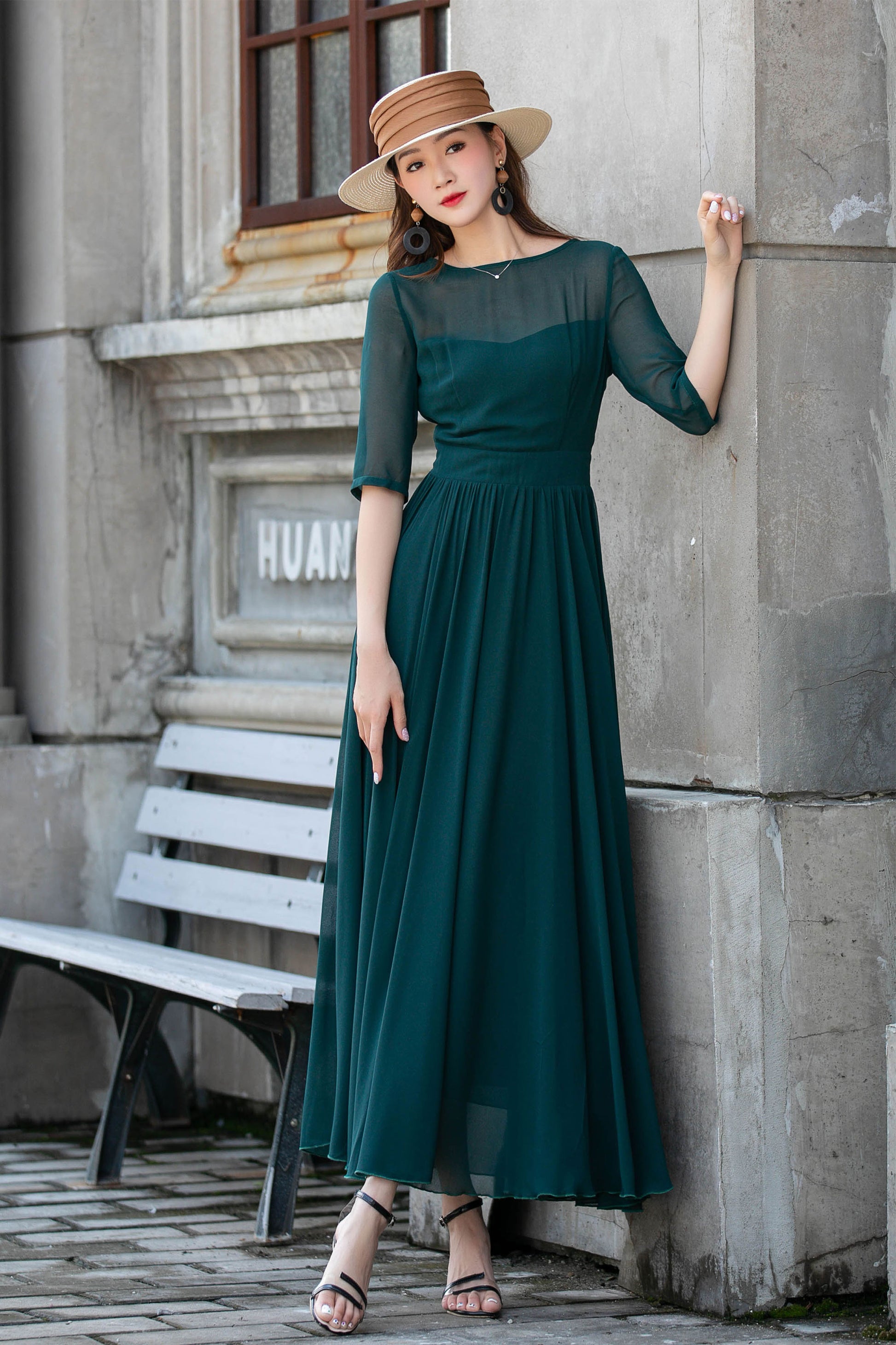 Teal Chiffon Swing Dress | Boat Neck, Flutter Sleeve Xiaolizi Teal Chiffon Swing Dress | Boat Neck, Flutter Sleeve Xiaolizi