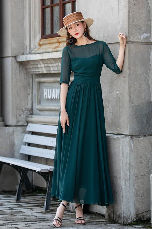 Teal Chiffon Swing Dress - Boat Neck Flutter Sleeve | Xiaolizi 4410