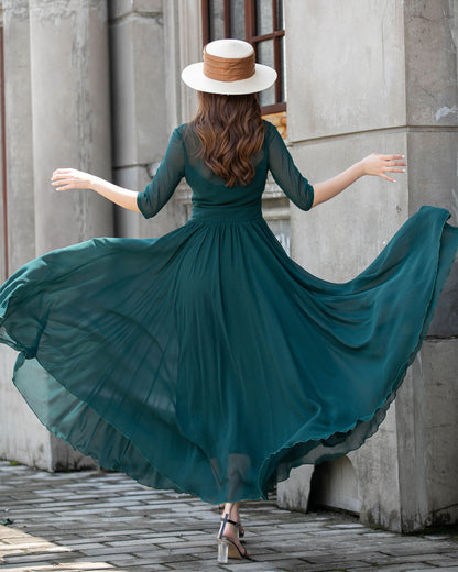 Teal Chiffon Swing Dress - Boat Neck Flutter Sleeve | Xiaolizi 4410