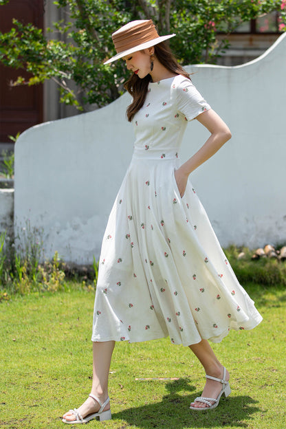 Vintage Floral Linen Midi Dress – Fit and Flare Summer Garden Dress  4404