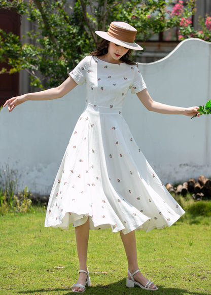 Vintage Floral Linen Midi Dress – Fit and Flare Summer Garden Dress  4404