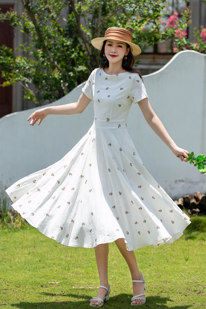 Vintage Floral Linen Midi Dress – Fit and Flare Summer Garden Dress  4404