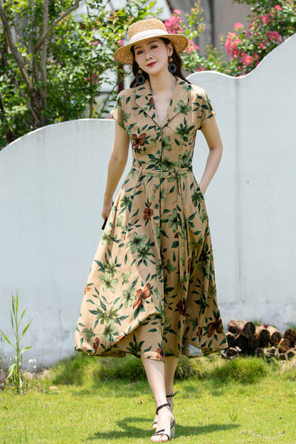 Handmade Floral Linen Dress – Short Sleeve Belted A-Line Summer Midi | Xiaolizi 4403
