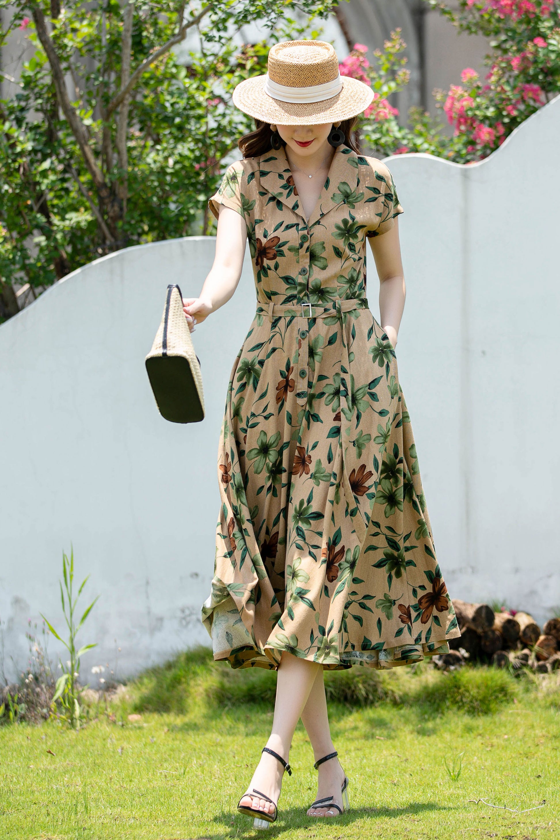 Handmade Floral Linen Dress – Short Sleeve Belted Beige A-Line Summer Midi