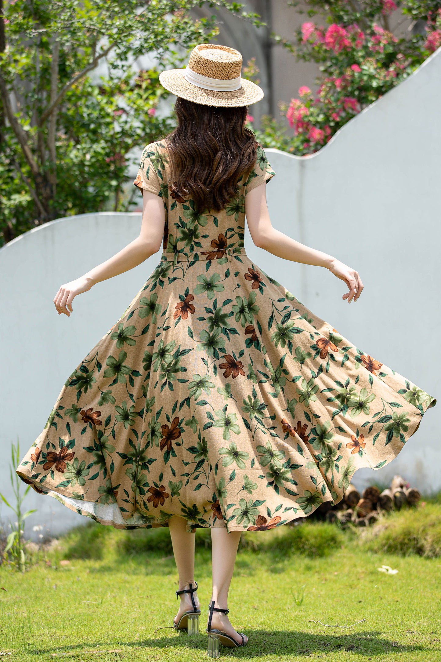 Handmade Floral Linen Dress – Short Sleeve Belted A-Line Summer Midi | Xiaolizi 4403
