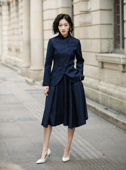 Navy Linen Skirt Set - Mandarin Collar Midi | Xiaolizi 6715