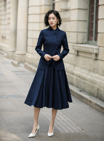 Navy Linen Skirt Set - Mandarin Collar Midi | Xiaolizi 6715