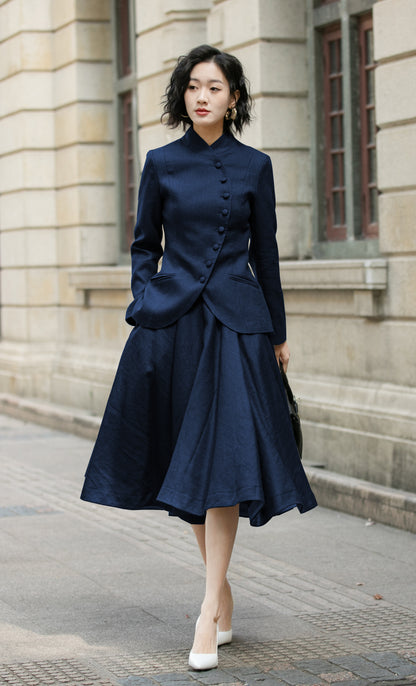 Navy Linen Skirt Set - Mandarin Collar Midi | Xiaolizi 6715