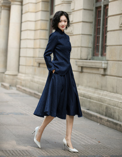 Navy Linen Skirt Set - Mandarin Collar Midi | Xiaolizi 6715