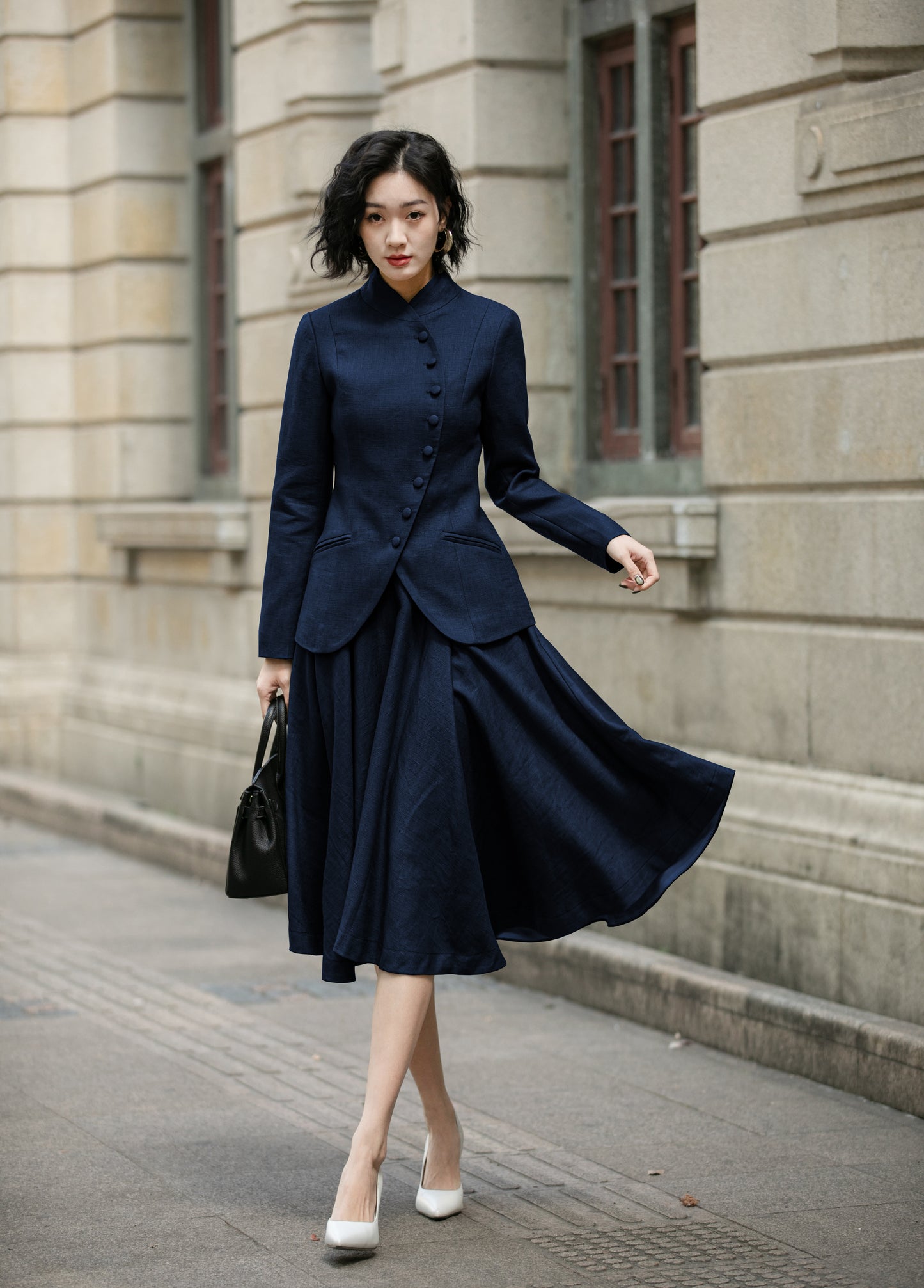 Navy Linen Skirt Set - Mandarin Collar Midi | Xiaolizi 6715