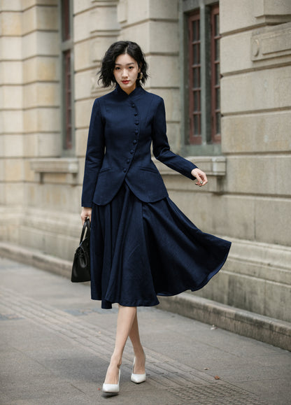 Navy Linen Skirt Set - Mandarin Collar Midi | Xiaolizi 6715