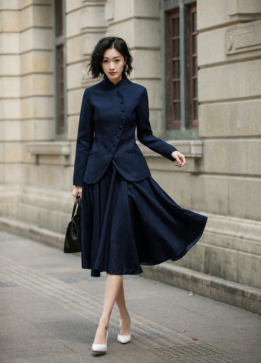 Navy Linen Skirt Set - Mandarin Collar Midi | Xiaolizi 6715