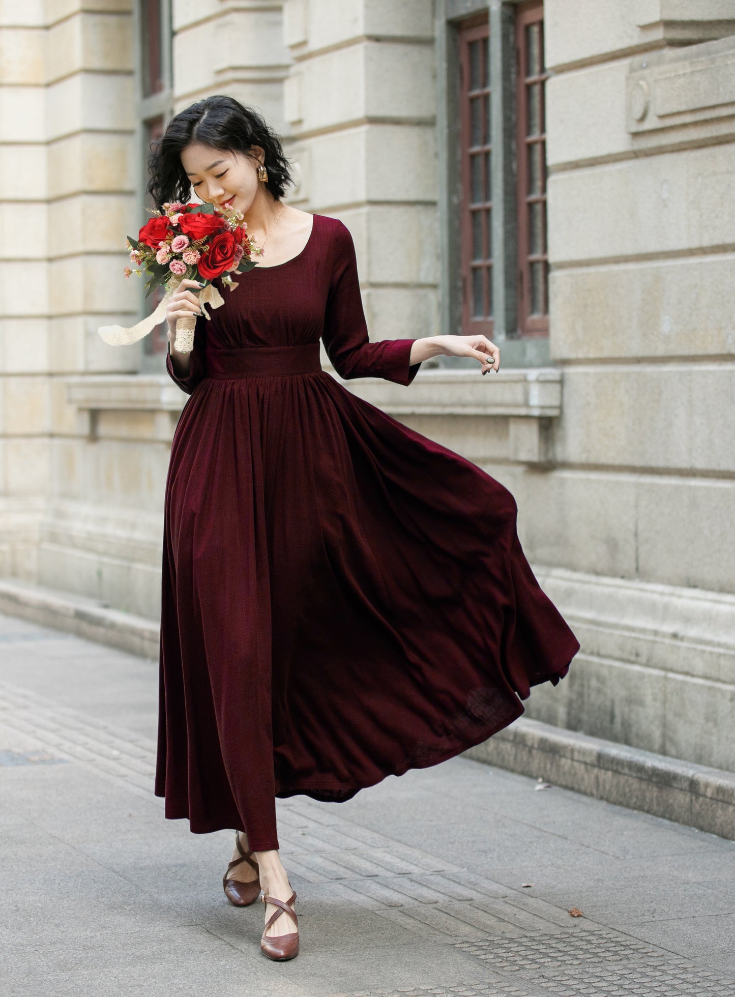 Burgundy Linen Blend Maxi Dress - Pleated Waist, 3/4 Sleeves 6706