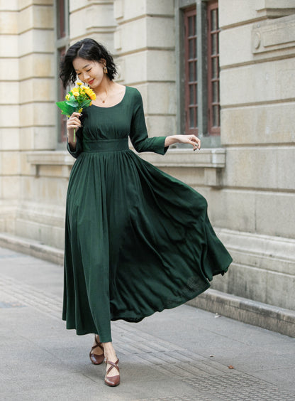 Green Linen Cotton Maxi Dress - Pleated Waist, Relaxed Fit 6705