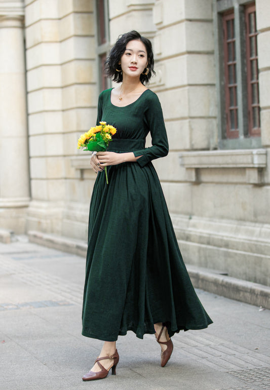 Linen Cotton Maxi Dress with Pleated Waist in Green 6705