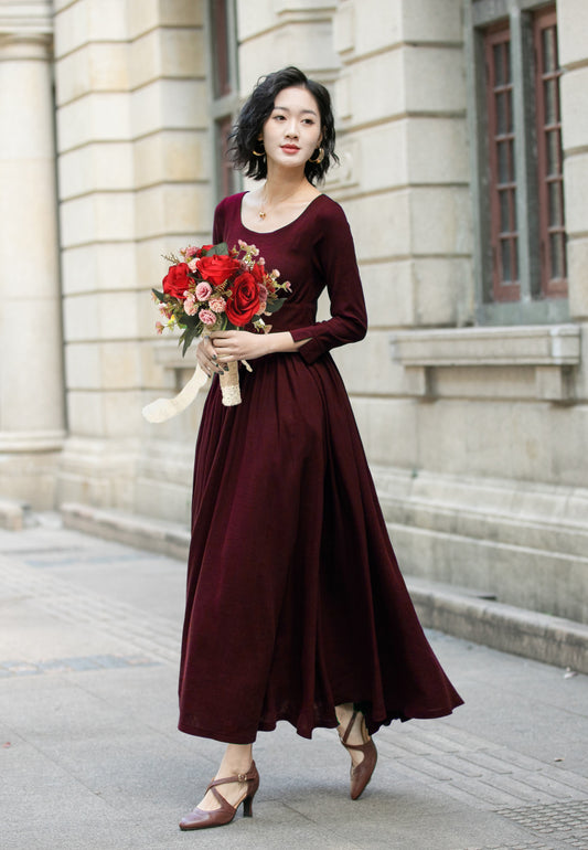 Burgundy Linen Blend Maxi Dress with Pockets 6706