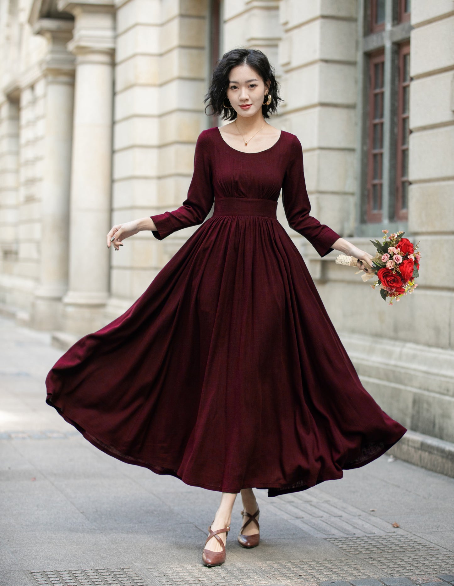 Burgundy Linen Blend Maxi Dress - Pleated Waist, 3/4 Sleeves 6706