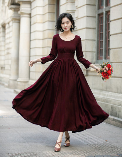 Burgundy Linen Blend Maxi Dress - Pleated Waist, 3/4 Sleeves 6706
