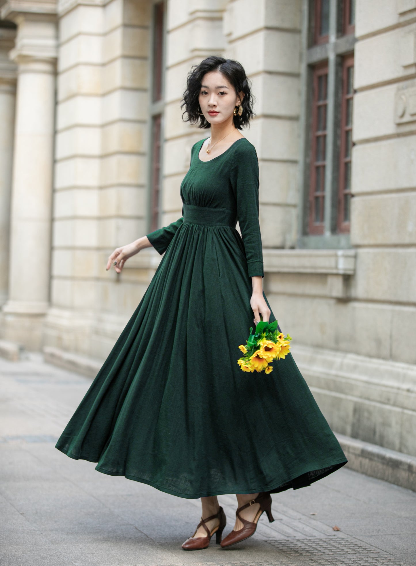 Green Linen Cotton Maxi Dress - Pleated Waist, Relaxed Fit 6705