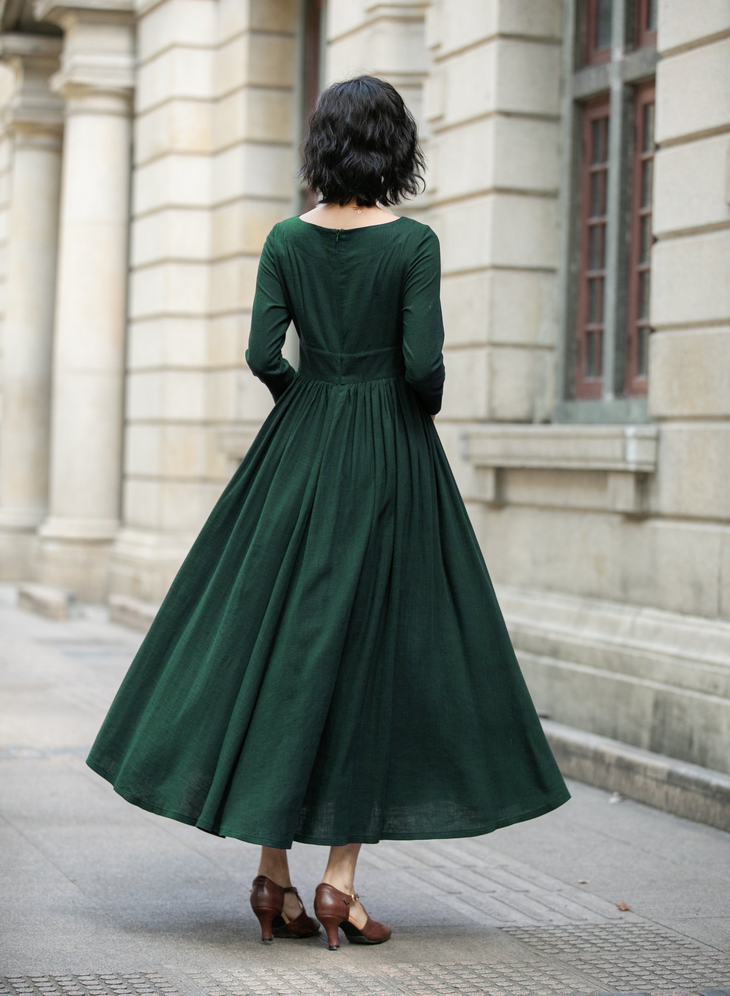 Green Linen Cotton Maxi Dress - Pleated Waist, Relaxed Fit 6705
