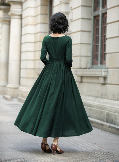 Green Linen Cotton Maxi Dress - Pleated Waist, Relaxed Fit 6705