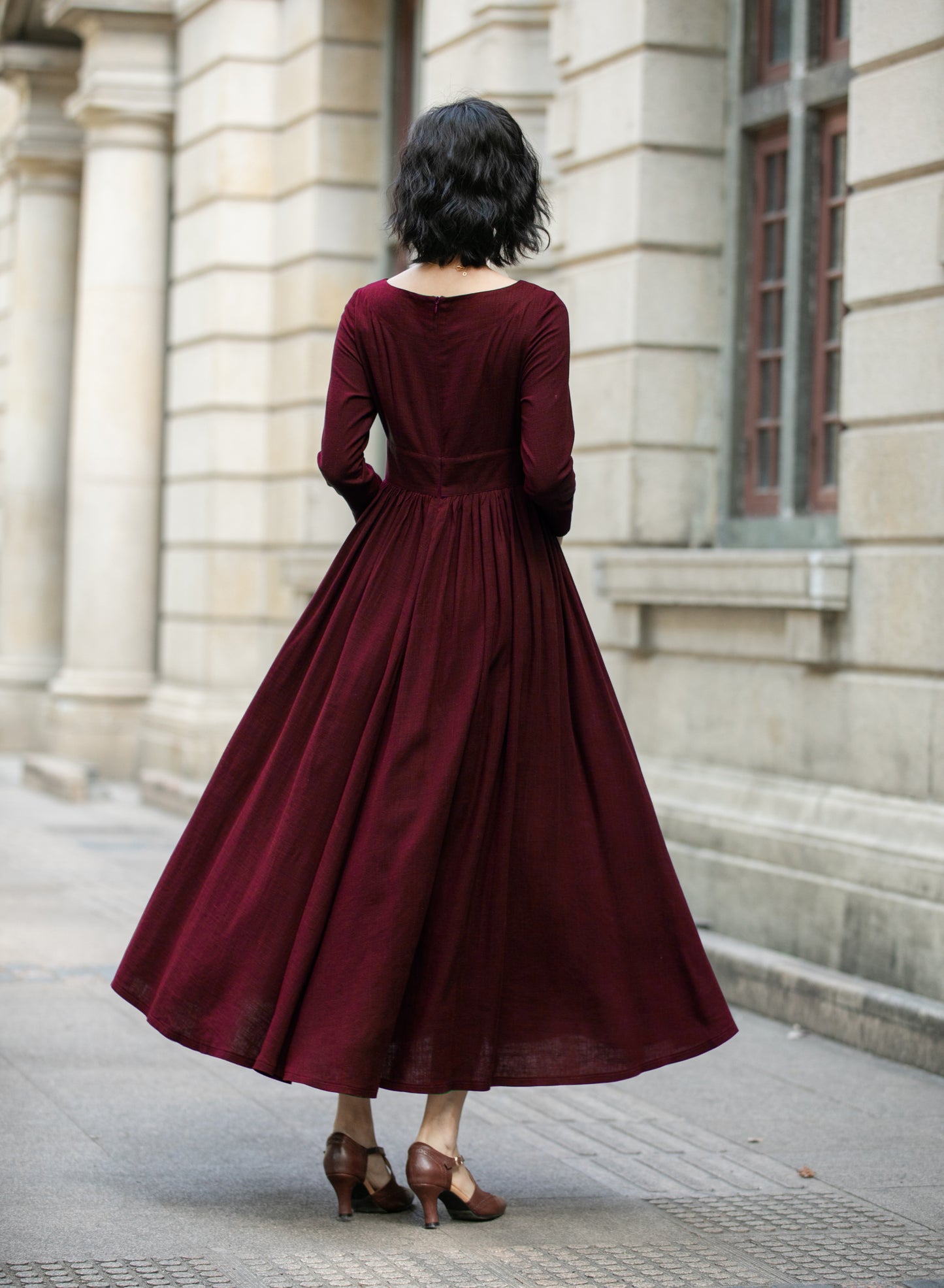 Burgundy Linen Blend Maxi Dress - Pleated Waist, 3/4 Sleeves 6706