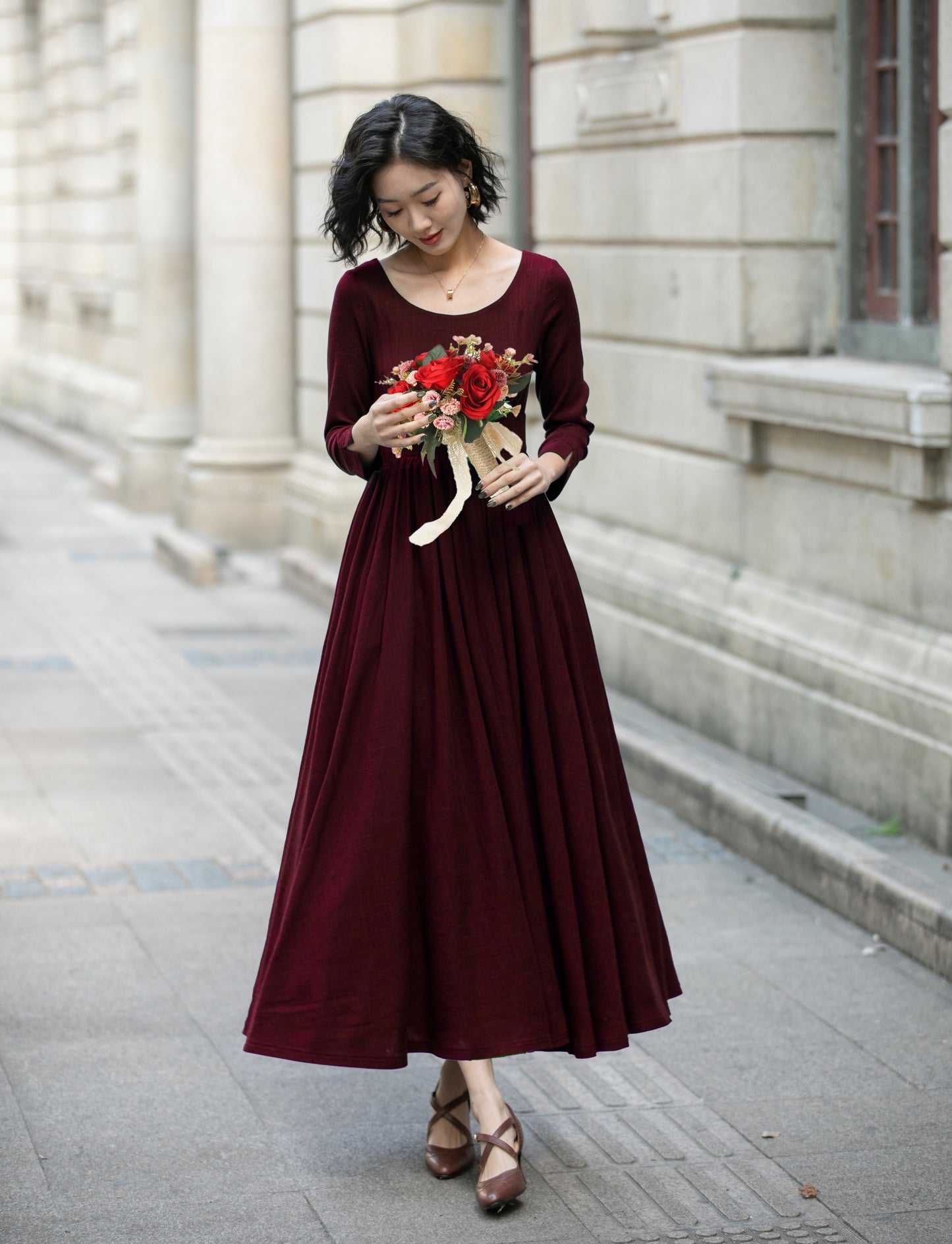 Burgundy Linen Blend Maxi Dress - Pleated Waist, 3/4 Sleeves 6706