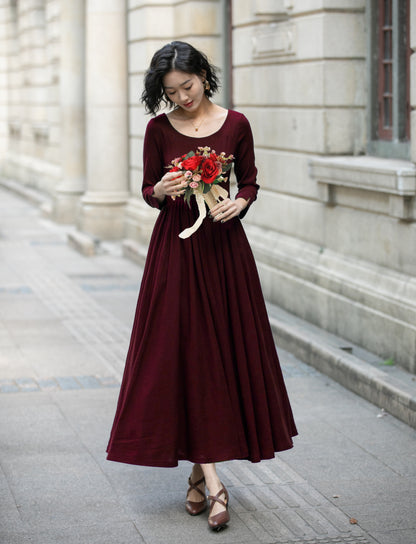 Burgundy Linen Blend Maxi Dress - Pleated Waist, 3/4 Sleeves 6706