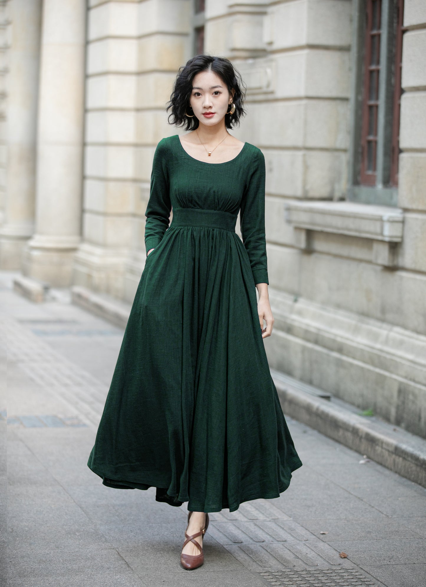 Green Linen Cotton Maxi Dress - Pleated Waist, Relaxed Fit 6705