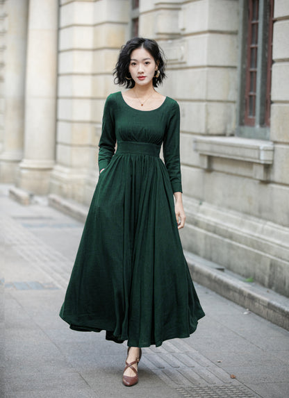 Green Linen Cotton Maxi Dress - Pleated Waist, Relaxed Fit 6705