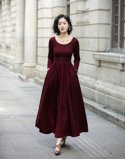 Burgundy Linen Blend Maxi Dress - Pleated Waist, 3/4 Sleeves 6706