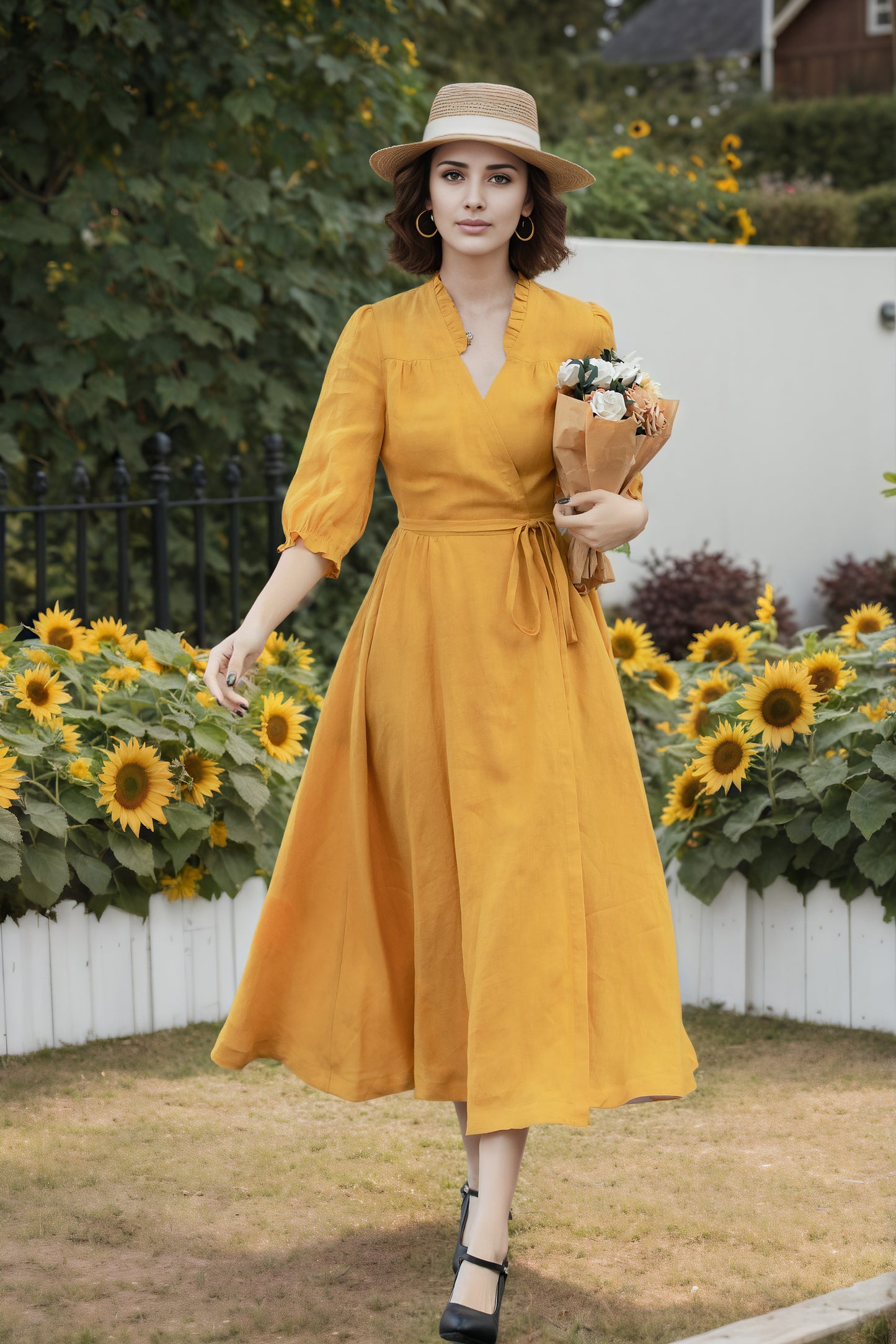 Mustard Linen Wrap Dress - V-Neck Midi | Xiaolizi 6735