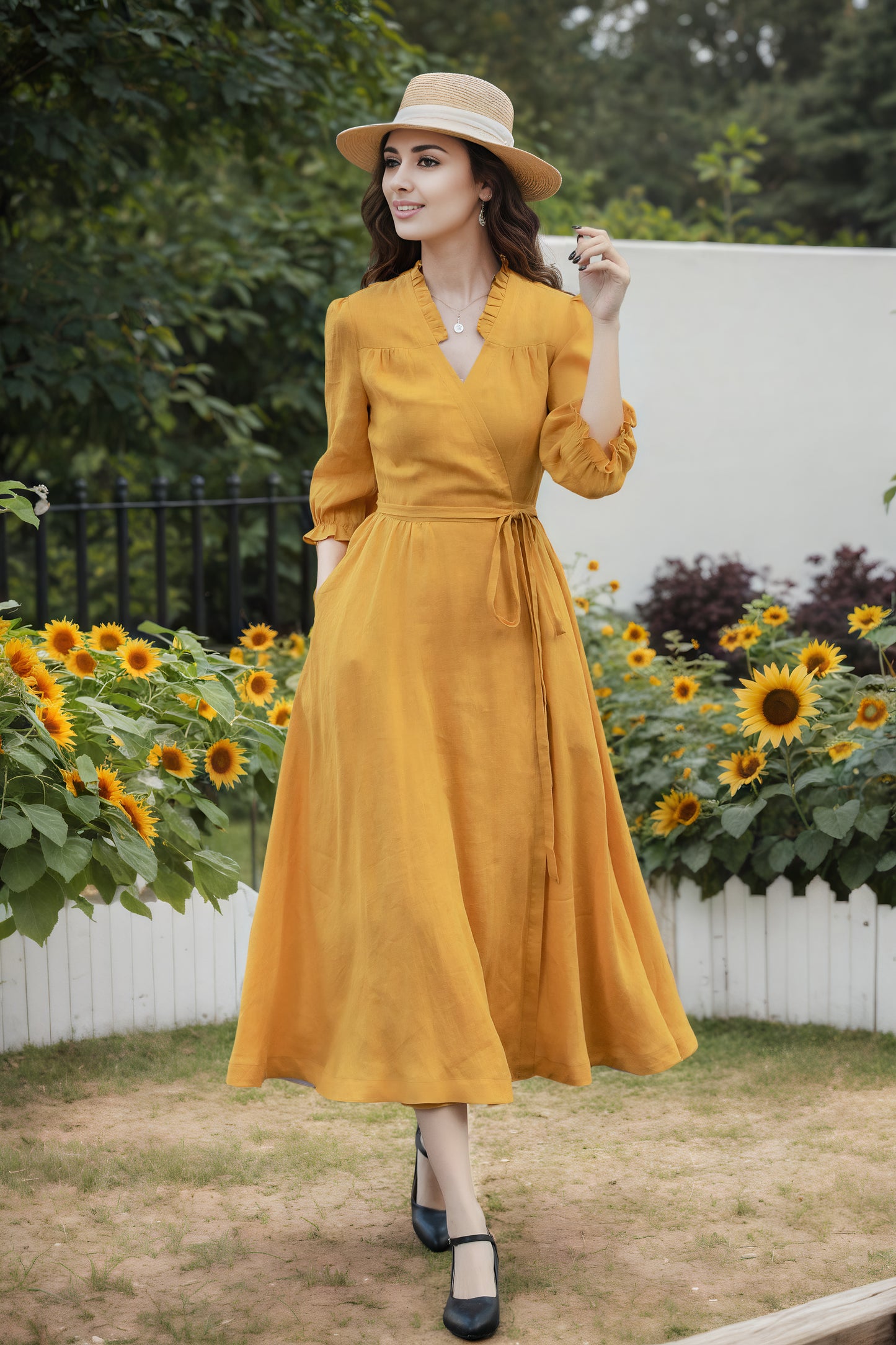 Mustard Linen Wrap Dress - V-Neck Midi | Xiaolizi 6735