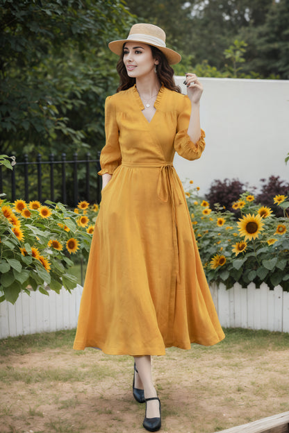Mustard Linen Wrap Dress - V-Neck Midi | Xiaolizi 6735