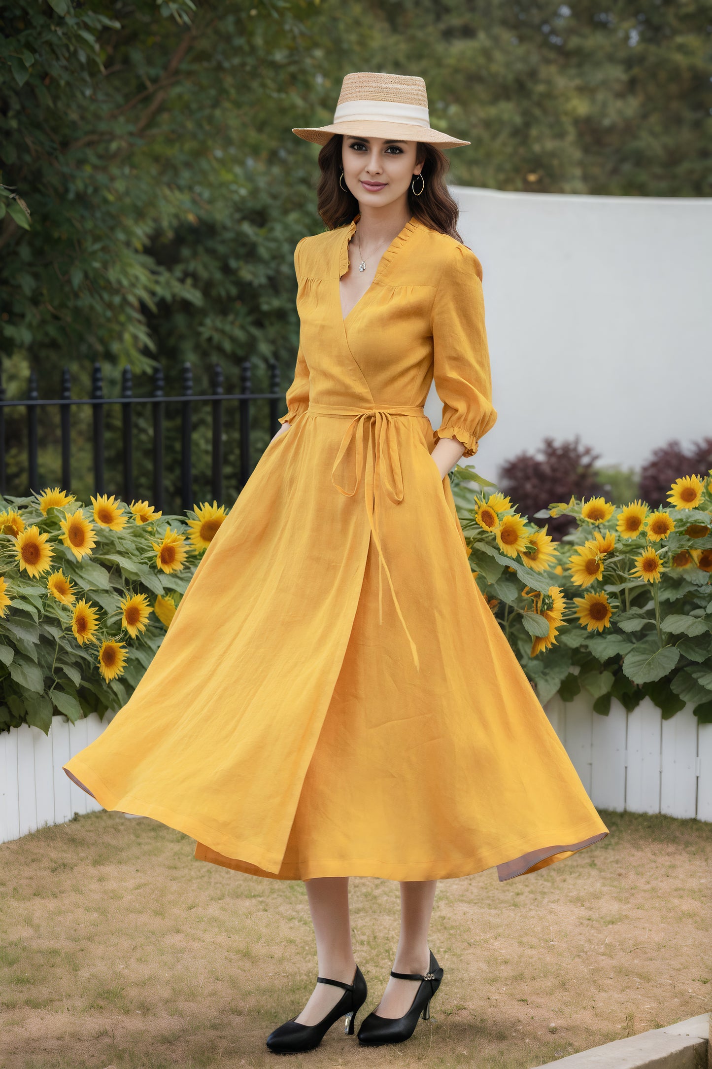 Mustard Linen Wrap Dress - V-Neck Midi | Xiaolizi 6735