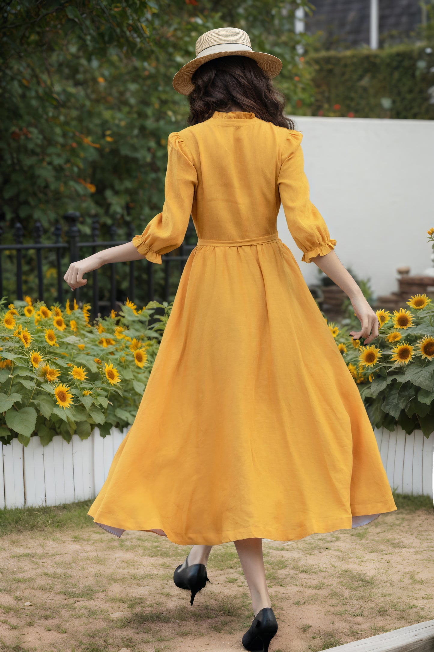 Mustard Linen Wrap Dress - V-Neck Midi | Xiaolizi 6735