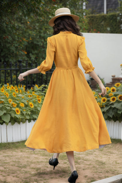 Mustard Linen Wrap Dress - V-Neck Midi | Xiaolizi 6735