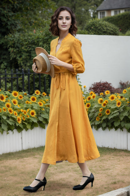 Mustard Linen Wrap Dress - V-Neck Midi | Xiaolizi 6735
