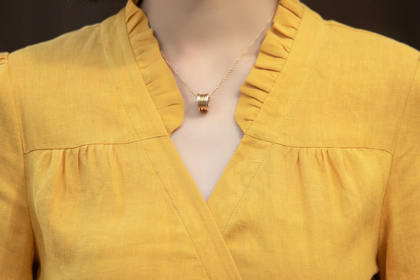 Mustard Linen Wrap Dress - V-Neck Midi | Xiaolizi 6735
