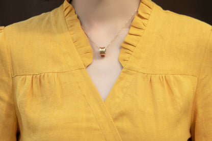 Mustard Linen Wrap Dress - V-Neck Midi | Xiaolizi 6735