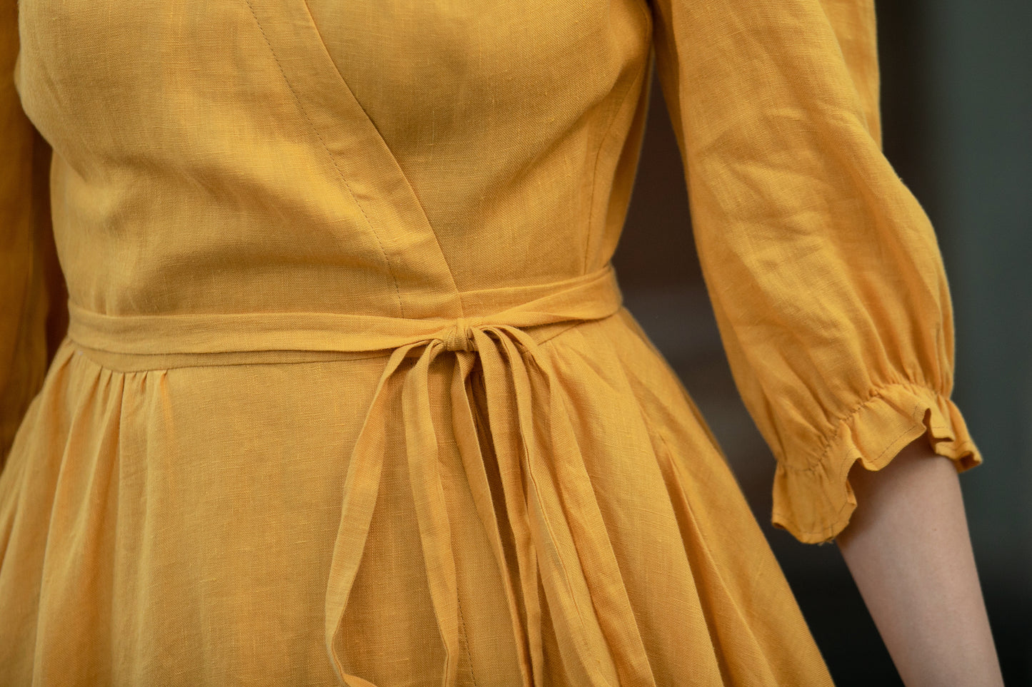 Mustard Linen Wrap Dress - V-Neck Midi | Xiaolizi 6735