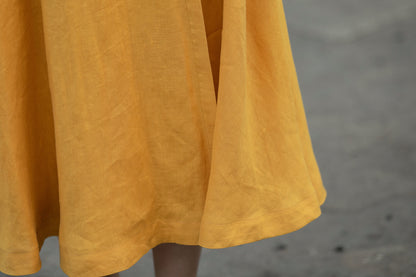 Mustard Linen Wrap Dress - V-Neck Midi | Xiaolizi 6735
