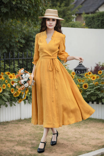 Mustard Linen Wrap Dress - V-Neck Midi | Xiaolizi 6735