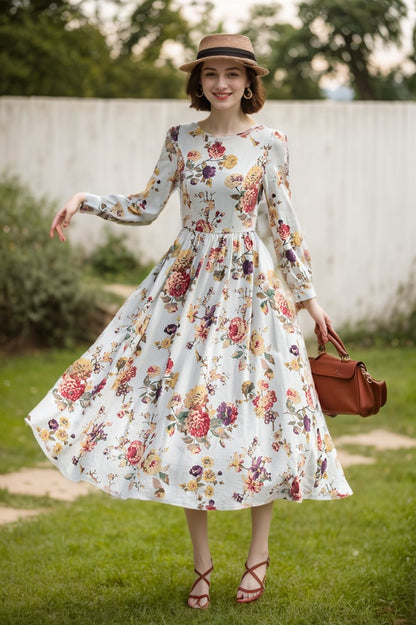 chinese dress ladies Floral Linen Maxi Dress – Handmade Long Sleeve Vintage Swing Dress