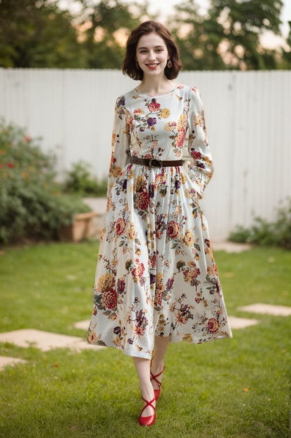Floral Linen Maxi Dress – Long Sleeve Vintage Swing Dress | Xiaolizi 5685