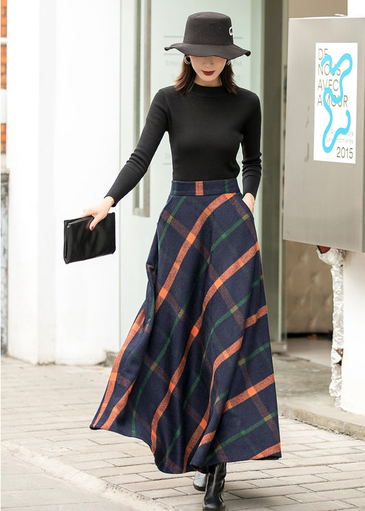 Wool Plaid Maxi Skirt – Handmade Navy Long Winter Skirt with Pockets | Xiaolizi 2838