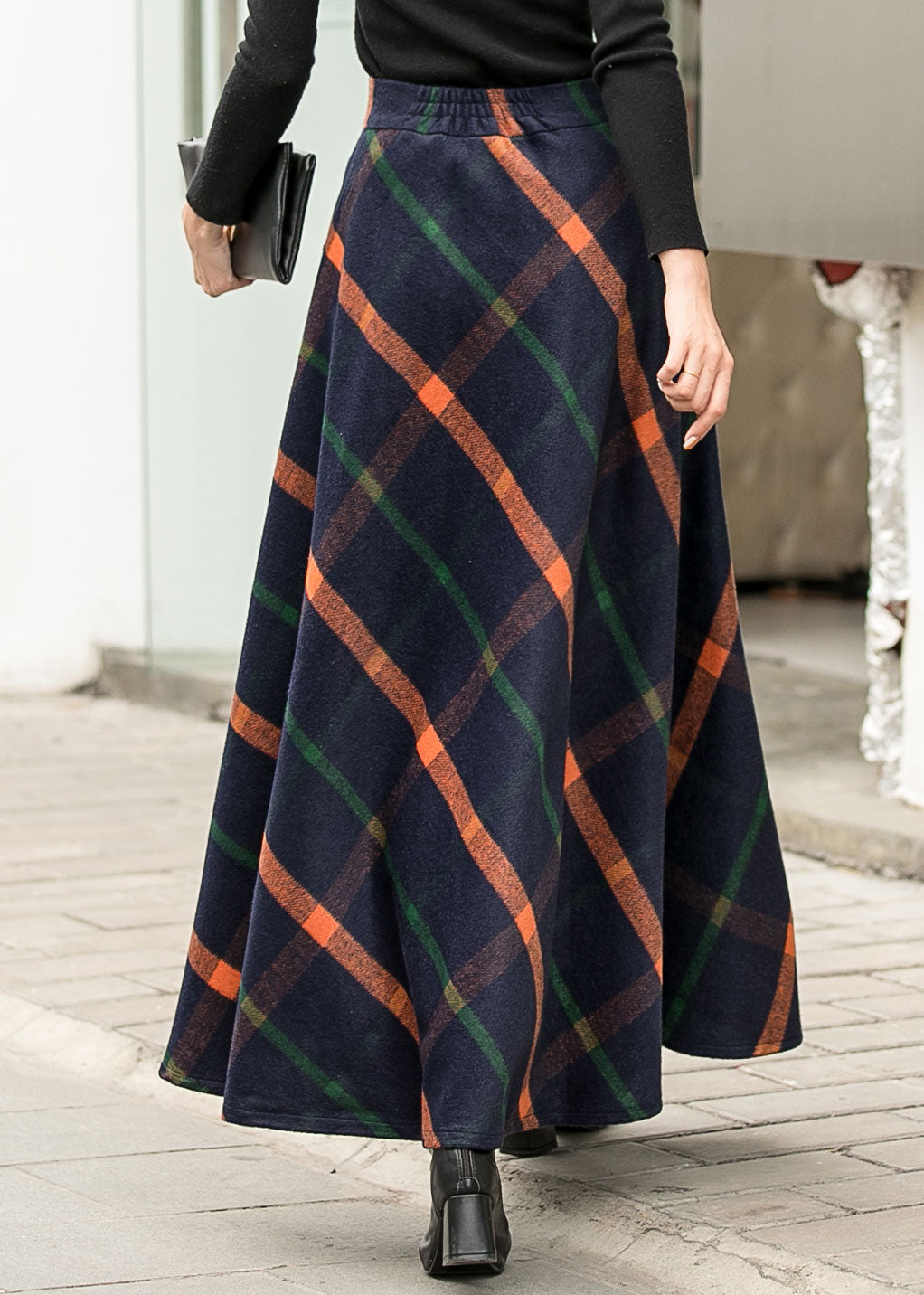 Wool Plaid Maxi Skirt – Handmade Navy Long Winter Skirt with Pockets | Xiaolizi 2838