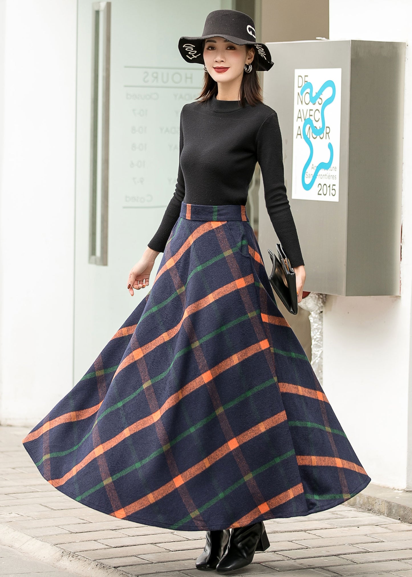 Wool Plaid Maxi Skirt – Handmade Navy Long Winter Skirt with Pockets | Xiaolizi 2838