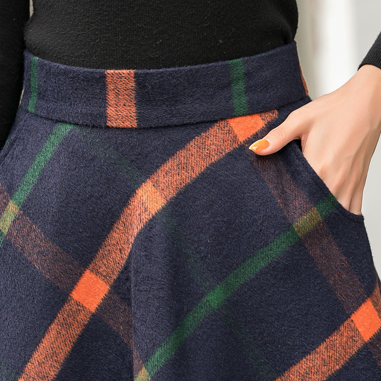 Wool Plaid Maxi Skirt – Handmade Navy Long Winter Skirt with Pockets | Xiaolizi 2838