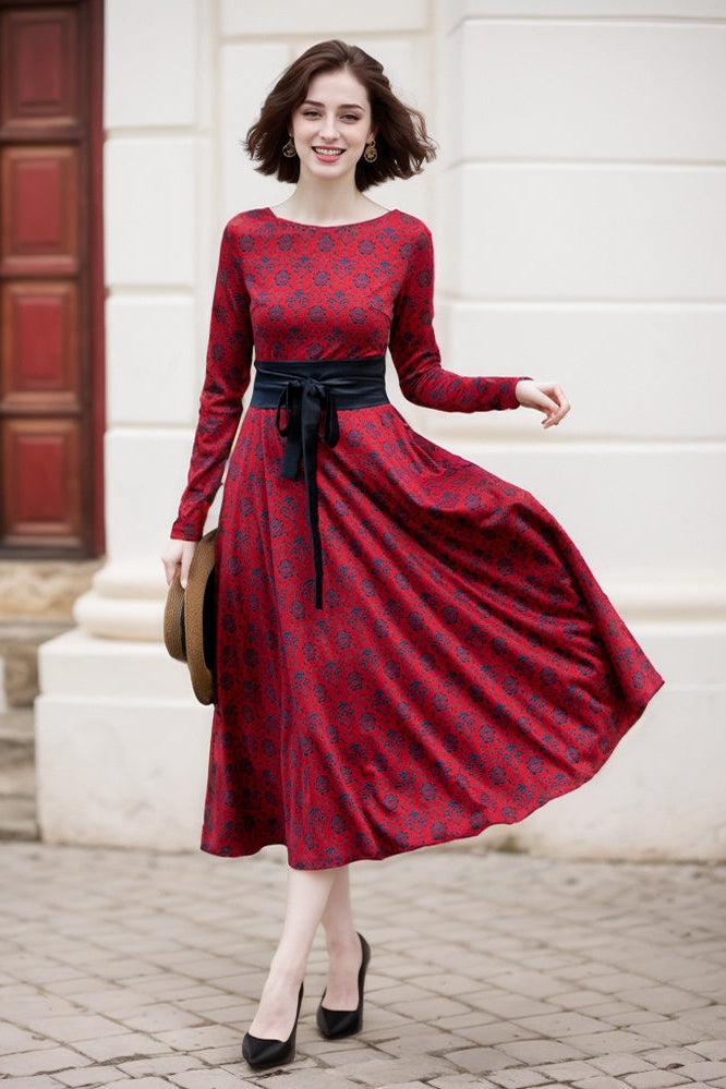 Stretch Floral Belted Midi Dress – Spring/Summer